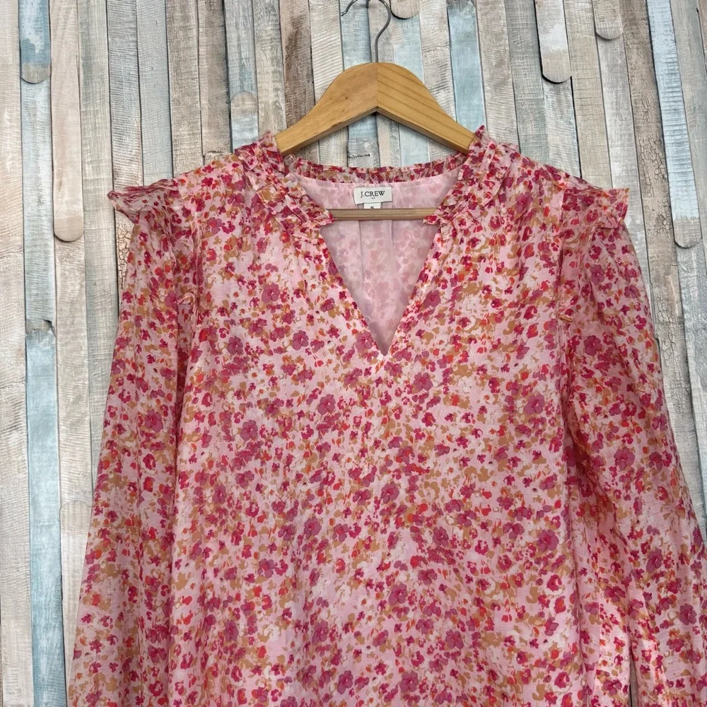 J Crew S Ruffle Collar Top Blouse Pink Ditsy Floral Print Easter Spring Feminine